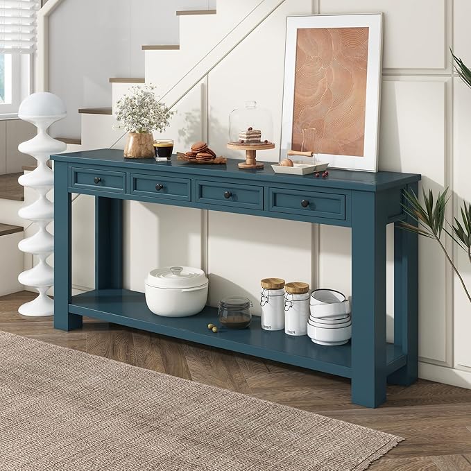Solid Wood Console Table,63 in Long Sofa Table Entryway Table with 4 Drawers and Bottom Shelf for Hallway Living Room Couch Table,Fully Assembled (63" Dark Blue)-Ruum Studio Home