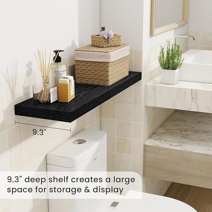 Fun Memories Floating Shelves for Wall, 32 Inch Rustic Wood Wall Mounted Shelves for Bathroom, Bedroom, Kitchen, Living Room, Deep Floating Shelves for Storage & Home Decor (Black, Set of 2)-Ruum Studio Home