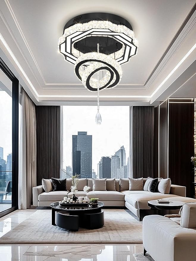 Flashing God Dia 20" Modern Chandeliers for Dining Room Black Flush Mount Ceiling Chandeliers LED Dimmable Pendant Lighting Crystal Ceiling Light Fixture for Living Room Bedroom Hallway 2700K-6000K-Ruum Studio Home