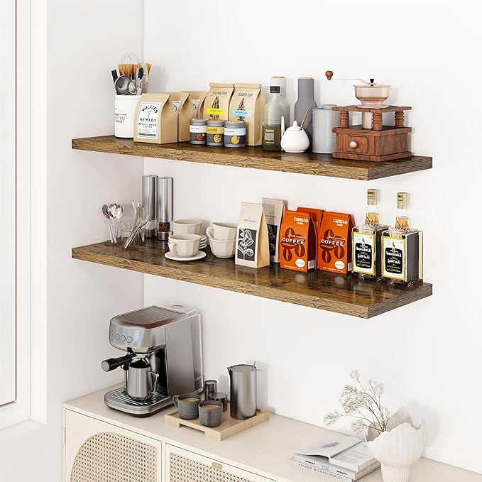 48" Floating Shelves for Wall, 12" Deep Slim Rustic Brown Floating Shelves, Wall-Mounted Shelves for Bedroom, Living Room, Kitchen, Bathroom - Set of 2-Ruum Studio Home