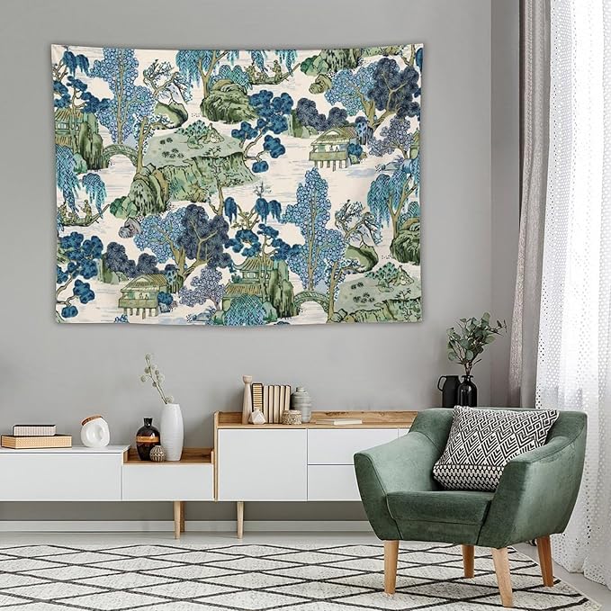 Chinoiserie Tapestry,Asian Watercolor Abstract Art Tapestry,Asian Japanese Wall Tapestry, Nature Landscape Tapestries for Bedroom Living Room Decor 80"x60"-Ruum Studio Home