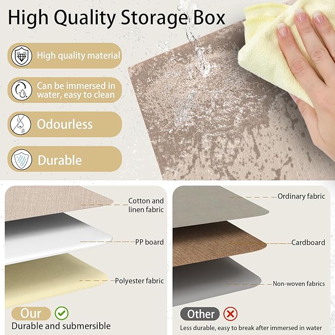 Yawinhe Fabric Storage Bins with Handles, Foldable Baskets for Shelves, Cubes with 3 Handles, Large Boxes for Clothes, Beige, 16.9''Lx11.8''Wx10.2''H, 4-Pack-Ruum Studio Home