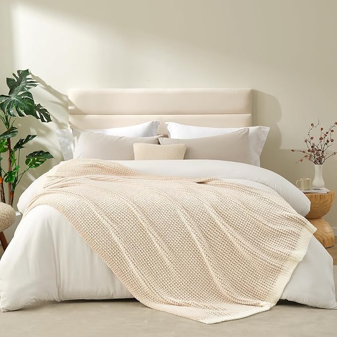 Snuggle Sac Cream Waffle Blanket for Couch Bed Sofa 60x80 inches, Reversible Beige Soft Throw Microfiber Fluffy Fuzzy Cozy Knit Twin Blanket for Women Mothers Birthday Gifts-Ruum Studio Home
