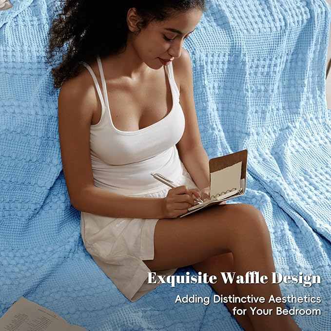 PHF 100% Cotton Waffle Weave Blanket Queen Size, Soft Lightweight Breathable Cozy Summer Blankets for Bed, Luxury Aesthetic Woven Bedding for Home Decor, 90"x90", Sky Blue-Ruum Studio Home