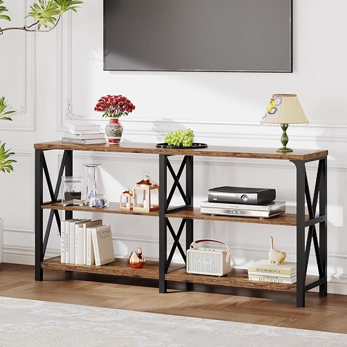 LVB Rustic Console Table, Industrial Wood Metal Sofa Table Behind Couch, Farmhouse Long Entryway Table with Storage Shelf, Large Wooden Foyer Hallway Table for Entry Living Room, Rustic Brown, 63 Inch-Ruum Studio Home