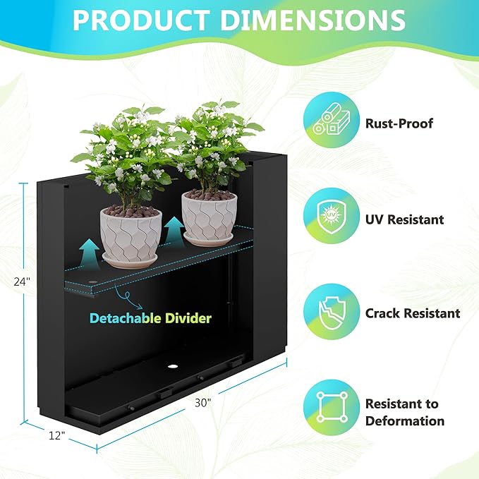 FENCY Metal Planter Box, Large Rectangular Planters for Outdoor Plants, Outdoor Tall Planters with Drainage Holes, Black Metal Planters (30" L x 12" W x 24" H)-Ruum Studio Home