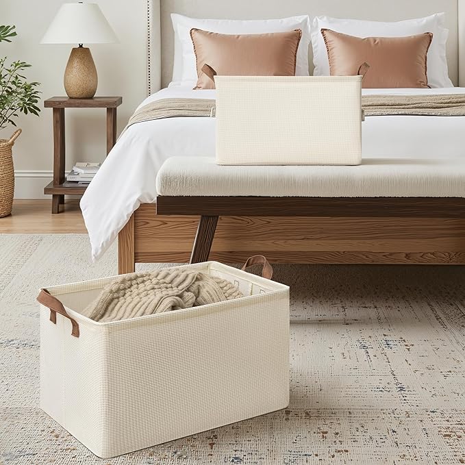 StorageWorks Storage Bins, Shelves Baskets for Organizing, 45L Extra Large Fabric Closet Organizers with Handles, Metal Frame, Beige（Texture）, 2-Pack-Ruum Studio Home
