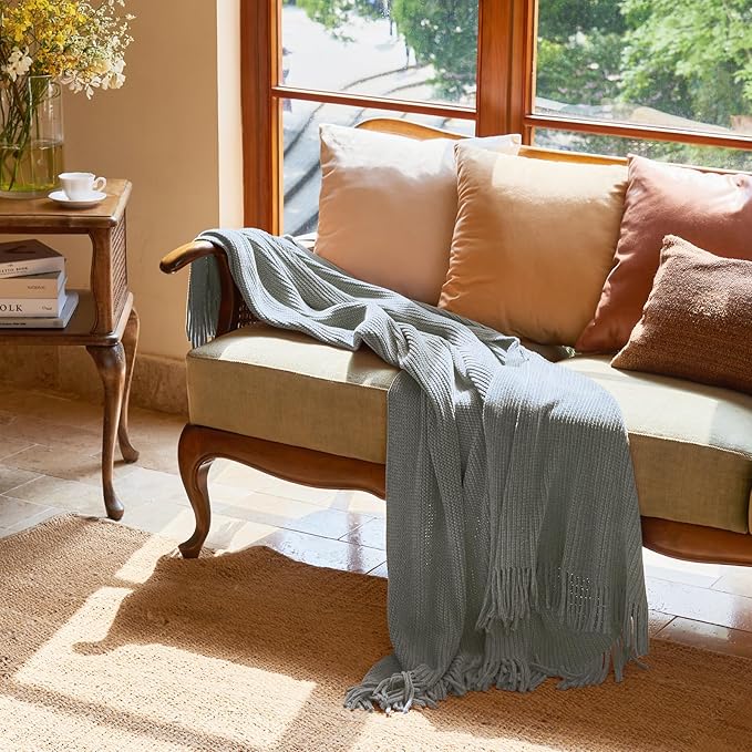 lifein Throw Blanket for Couch, Soft Boho Decor Bed Throw,Cozy Grey Knitted Chenille Small Farmhouse Lightweight Throw for Spring(Light Grey,50 * 60")-Ruum Studio Home