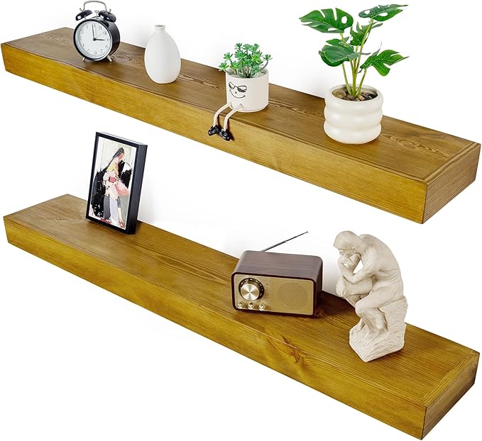 Floating Shelves 3 inch Thick for Wall Set of 2,Solid Pine Wood Wall Mount Shelf for Kitchen Living Room Bedroom Bathroom,8" D x 48" L x 3" H-Gold Oak-Ruum Studio Home