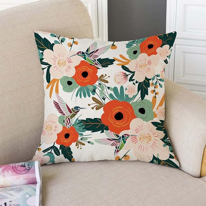 TSSOHU Flower and Hummingbird Pillow Cover Cotton Linen Spring Red Flower Green Leaves Boho Decorative Pillow Covers Cushion Cover Home Decor Pillowcase for 18x18 Inch-Ruum Studio Home