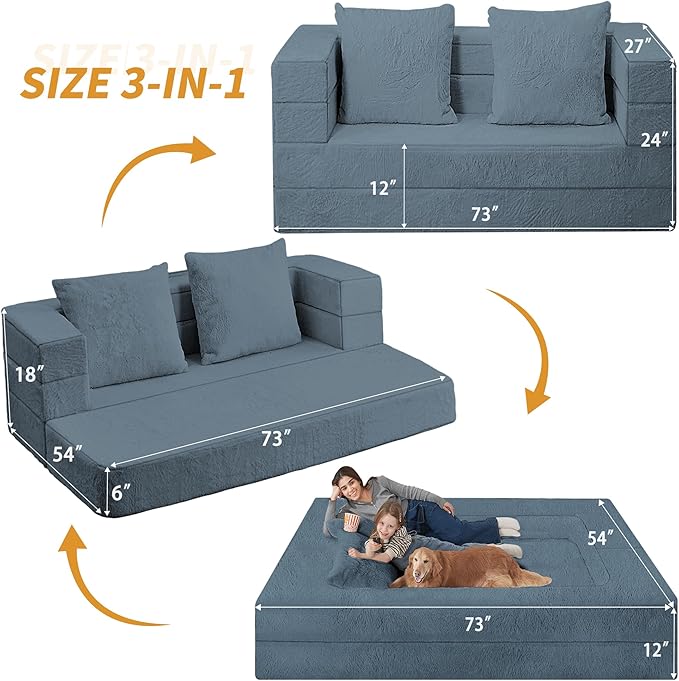Folding Bean Bag Chair for Adults,3-in-1 Bean Bag Couch Faux Fur Floor Sofa Large Beanbag Convertible Bean Bag Sofa Bed with Pillow in Bedroom,Living Room,Apartment(Queen,Gray)-Ruum Studio Home