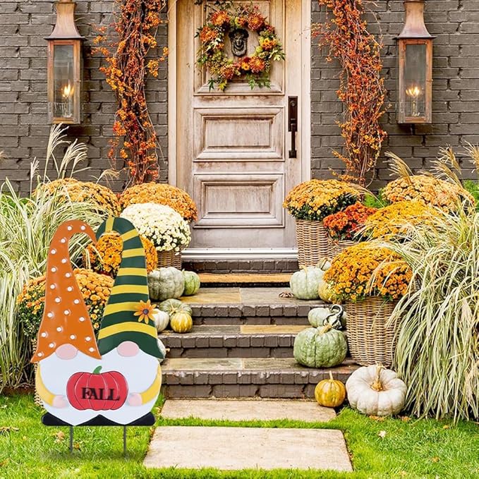 YEAHOME Outdoor Fall Decor, 2 Gnomes Decorative Garden Stake with Pumpkin for Fall Decorations, Autumn Metal Yard Signs for Home Outside Garden Porch Lawn, Thanksgiving Decorations Outdoor (YHMD-478)-Ruum Studio Home