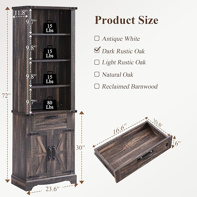RedLemon Bookshelf with Storage Cabinet, 72" Tall Farmhouse Bookcase with Adjustable Shelves and Barn Door, 4 Tier Office Wood Bookshelf with Drawer for Office Library Living Room (Dark Rustic Oak)-Ruum Studio Home