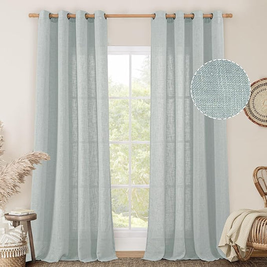LAMIT Living Room Linen Curtains 90 Inch for Bedroom, Bronze Grommet Linen Textured Sheer Curtains Light Filtering Burlap Drapes for Farmhouse, 2 Panels, 52 x 90 Inch, Greyish Blue-Ruum Studio Home