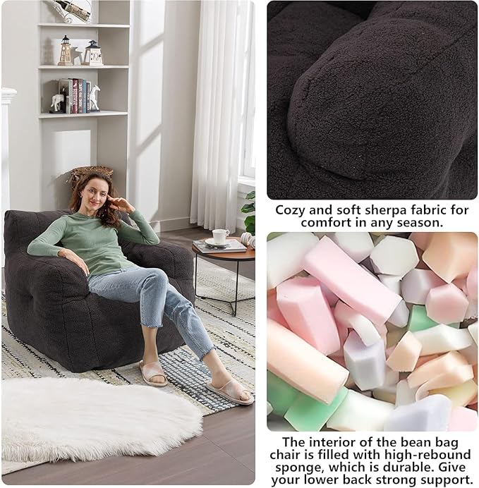 Recaceik Bean Bag Chairs, Tufted Soft Stuffed Bean Bag Chair with Filler, Fluffy Lazy Sofa, Imperial Lounger Giant Bean Bag Chair for Bedroom, Living Room, Dark Black-Ruum Studio Home
