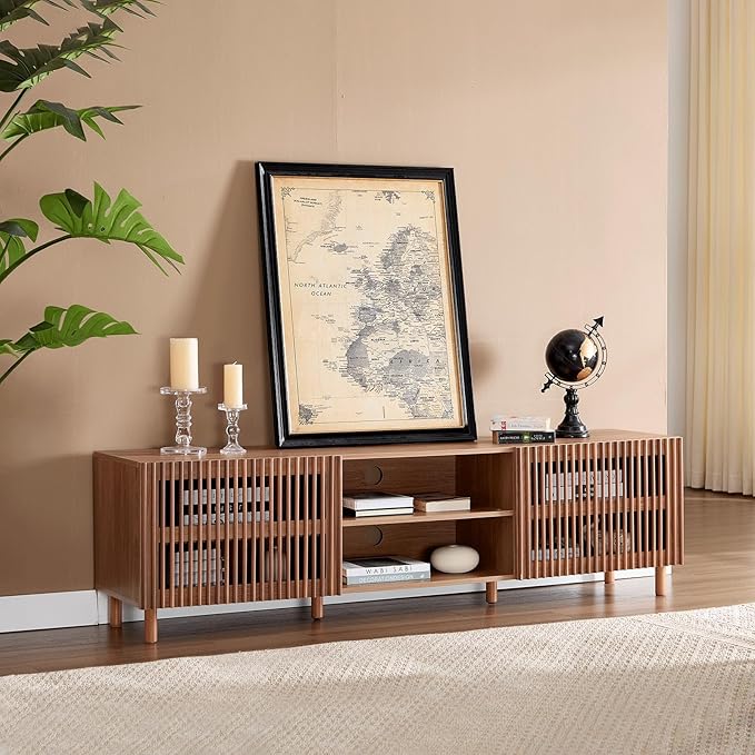 Bonzy Home 70" Mid Century Modern TV Stand, TV Console for TV up to 75", Slatted Entertainment Center with Storage and Open Shelves for Living Room, Bedroom, and Media Room-Ruum Studio Home