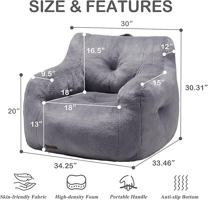 Hobestluk Bean Bag Chair for Adult Small Bean Bag Chairs with Arms Furry Beanbag Chair with Foam Filler Stuffed Bean Bag Sofa for Reading in Bedroom Living Room and Dorms(Grey)-Ruum Studio Home