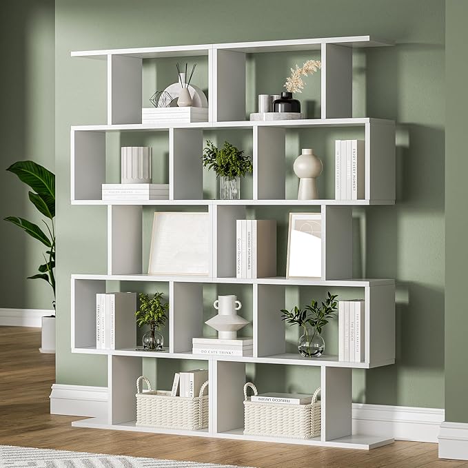 White 5-Tier Geometric Bookcase, S-Shaped Modern Bookshelf Set of 2, 62.6" Tall Room Divider Book Shelf, Decorative Display Shelf-Ruum Studio Home