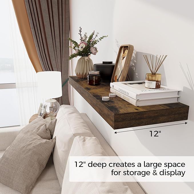 Floating Shelves 36 Inch Long, 12 Inch Deep Floating Shelves for Wall, 36 x 12 Shelves for Wall Storage & Display, 2" Thick Floating Shelf for Bathroom, Living Room, Rustic Brown Color, Set of 2-Ruum Studio Home