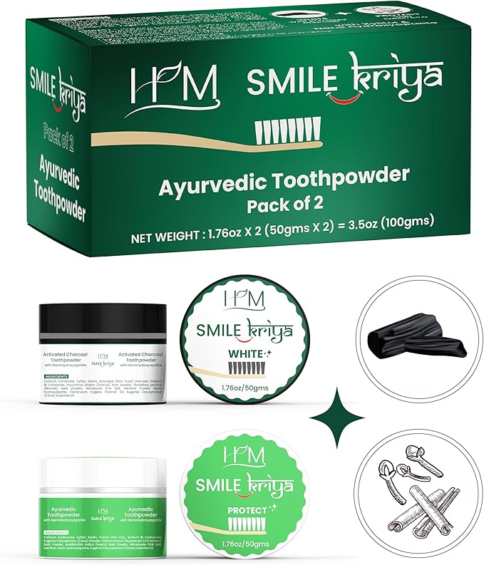 HM - Smile Kriya Ayurvedic Toothpowder Duo (Pack of 2) | Whitens Teeth Naturally, Remineralizes Enamel, Strengthens Gums & Freshens Breath | Activated Charcoal & NanoHydroxyapatite | 1.76 oz X 2-Ruum Studio Home