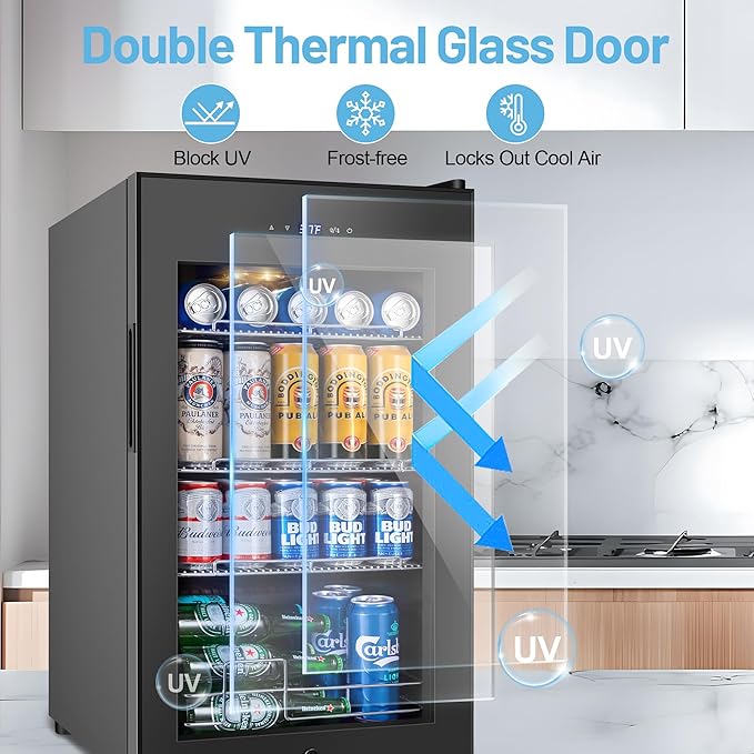 Beverage Refrigerator Cooler, 17 Inch 120 Cans Freestanding Mini Fridge with Glass Door, Adjustable Shelves and LED Light, Small Drink Fridge Counter-top Beer Fridge for Bedroom Office Bar-Ruum Studio Home