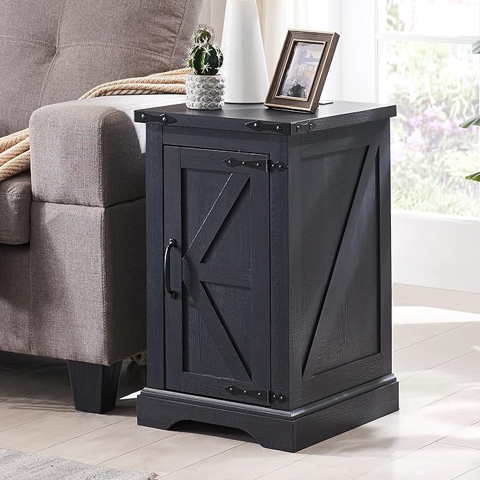 JXQTLINGMU Nightstand with Charging Station, Rectangular Farmhouse End Table with Barn Door and Adjustable Storage Shelf, 17" Deep Wood Rustic Sofa Side Table for Living Room, Bedroom, Black-Ruum Studio Home