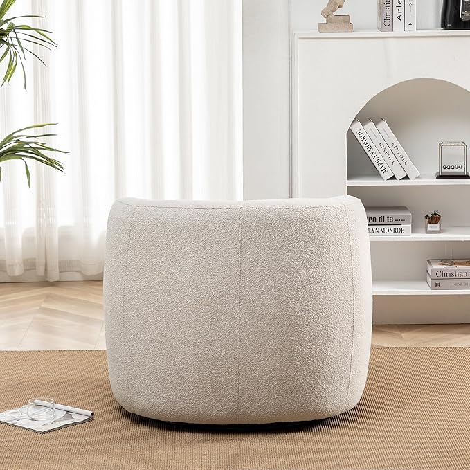 KINWELL 34" Wide Boucle Swivel Barrel Chair, No Assembly Round Upholstered Armchair Accent Chair Single Sofa Chair with Toss Pillow for Living Room and Bedroom, Beige-Ruum Studio Home