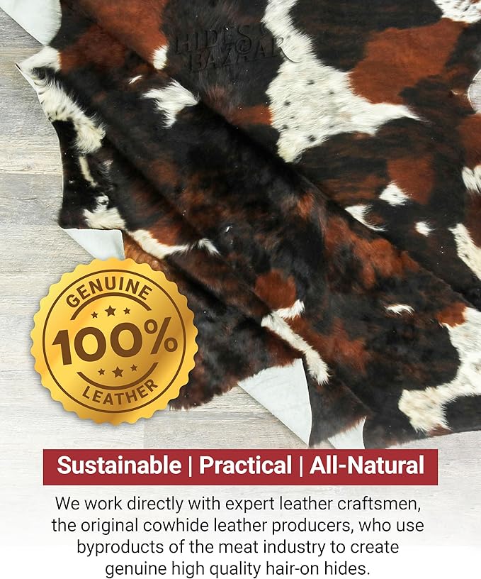 Natural Cowhide Rug for Home & Office Premium Dark Tricolor Cowhide Rug with Unique Dark Brown, Black & White Patterns- Cow Hide Rugs Made with Tanned Leather - Cow Hide Rugs 6x6-7 ft-Ruum Studio Home
