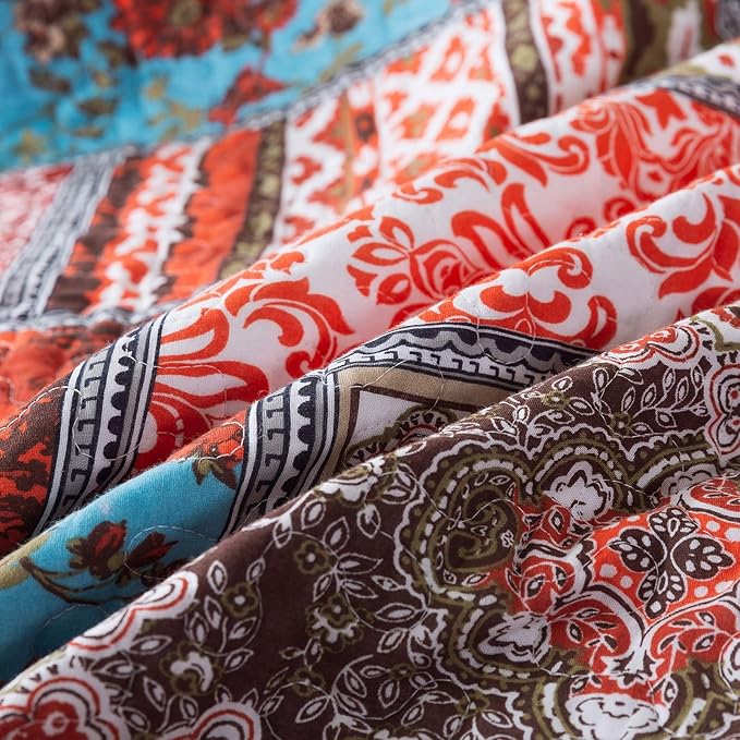 NEWLAKE Cotton Bedspread Quilt Sets-Reversible Patchwork Coverlet Set, Mediterranean Classic Bohemian Pattern,Queen Size-Ruum Studio Home