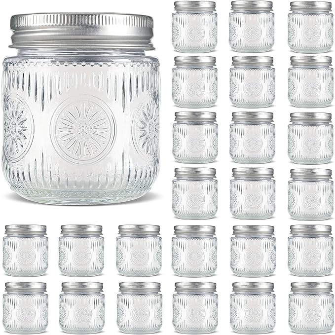Mason Jars 8 oz - Vintage Small Glass Mason Jars with Silver Metal Lids, Regular Mouth Canning Jars, Safe For Storage, Canning, Pickling, Preserving, Fermenting, DIY Crafts & Decor (24Pack)-Ruum Studio Home