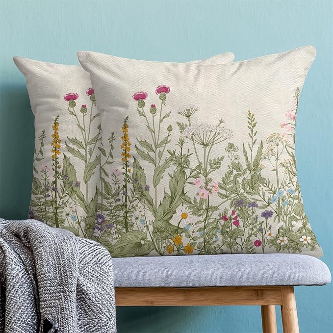 Spring Floral Pillow Covers 18 x 18 Inch Set of 2 Vintage Sage Green Wild Flowers Decor Throw Pillows Wildflower Plant Outdoor Farmhouse Decorative Cushion Cases for Couch Bed Sofa Decoration-Ruum Studio Home