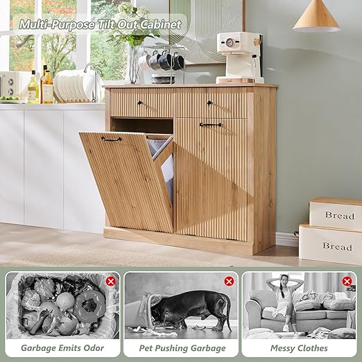 Modern Double Tilt-Out Trash Cabinet, 20 Gallon Fluted Laundry Hamper Cabinet with 2 Drawers, Wooden Hidden Garbage Can Cabinet with Storage Basket for Kitchen & Living Room, Natural Oak-Ruum Studio Home