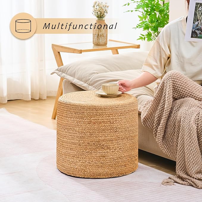 Handwoven Ottoman Pouf, Natural Water Hyacinth Footstool, Round Braided Outdoor Seat with Sturdy Frame, Boho Accent Stool for Patio, Balcony, or Garden (Natural)-Ruum Studio Home