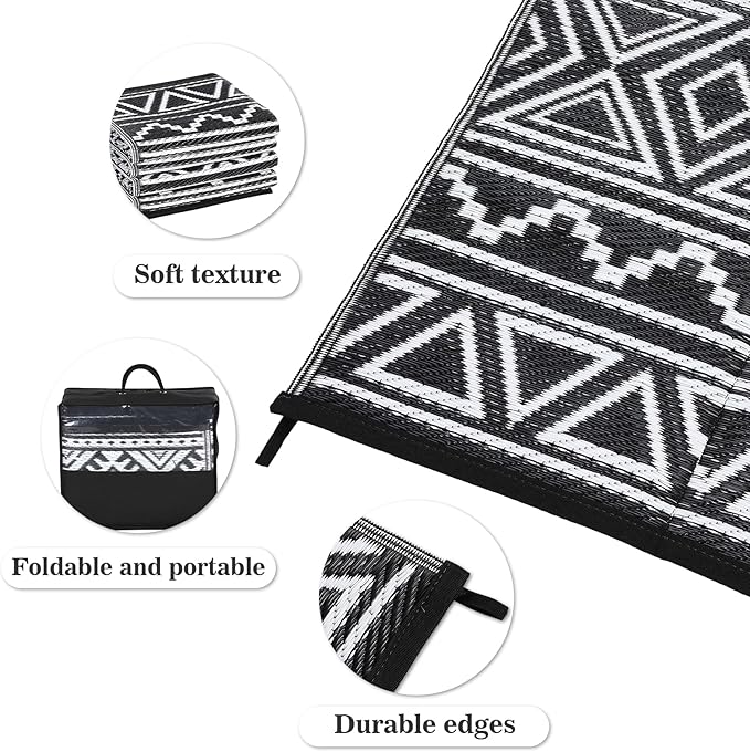 GAOMON Outdoor Plastic Straw Rug, 10'x14' Reversible Sage Green Patio Mat, Flower Modern Design for RV, Backyard, Deck, Camping, Picnic, Black/White(Bohemia)-Ruum Studio Home