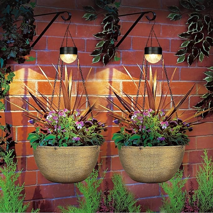 2 Packs Hanging Planters Basket for Outdoor Plants, Solar Powered Self Watering Copper Round Plastic Flower Pots with Drainer for Balcony Patio Garden Outdoor Decoration-Ruum Studio Home