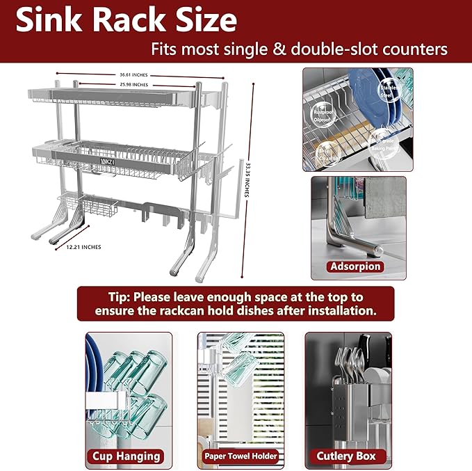 VNKZI Over Sink Dish Drying Rack, 3 Tier Full Stainless Steel Storage Adjustable Length (25.98'' to 36.61'') Kitchen Rack, Multifunctional Expandable Counter Organizer, Space Saver Dish Rack-Ruum Studio Home