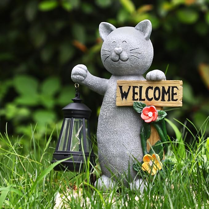 Json Garden Statue Solar Cat Figurine with Lantern, Solar Garden Decorations Statues for Patio, Balcony, Yard Ornament, Unique House Warming Gifts Figurine Lights, Gifts for Women, Mom-Ruum Studio Home