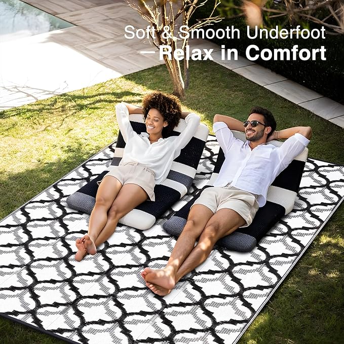 OLANLY Reversible Outdoor Rug 8x10 ft Clearance, Waterproof Outdoor Plastic Straw Rug with Interlacing Pattern, RV Mat for Patio, Camping, Balcony, Deck, Backyard, Black & White-Ruum Studio Home