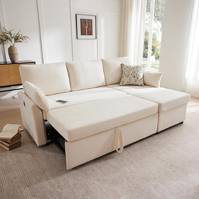 Waxberry Sectional Sofa Couch, Pull Out Couch Sleeper Sofa Bed with Storage for Living Room, Reversible Chaise, Side Pockets & Dual USB/Type-C Ports, Beige-Ruum Studio Home