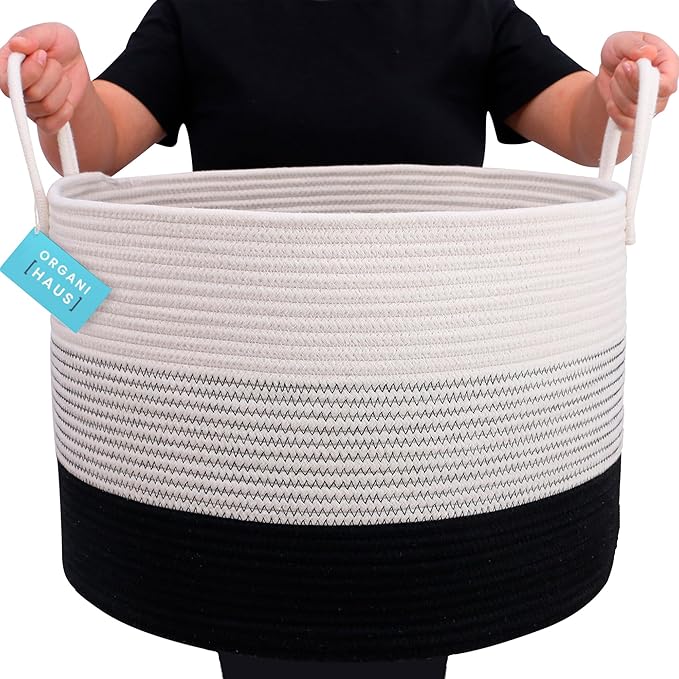 OrganiHaus Woven Laundry Basket, Large Cotton Rope Blanket Holder with Handles, Soft & Sturdy Nursery Hamper, Decorative Toy Bin for Living Room Organization 20x13 inches - Off-White/Black-Ruum Studio Home