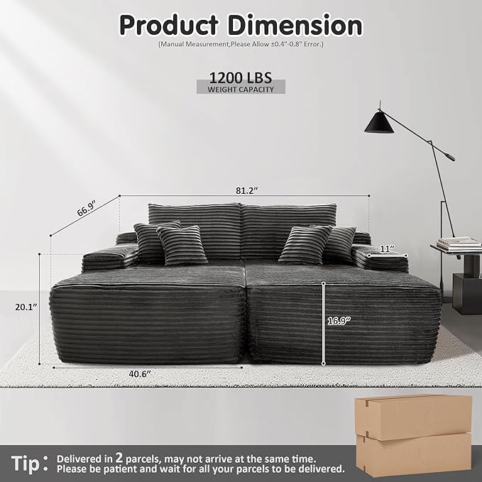 ovios 81" Oversized Sectional Double Lounge Chaise with Cloud Plush Sofa Bed, No Assembly Required, Fluffy Modern Sleeper Loveseat Chair for Indoor Living Room Bedroom Reading, Grey (Plush Fabric)-Ruum Studio Home