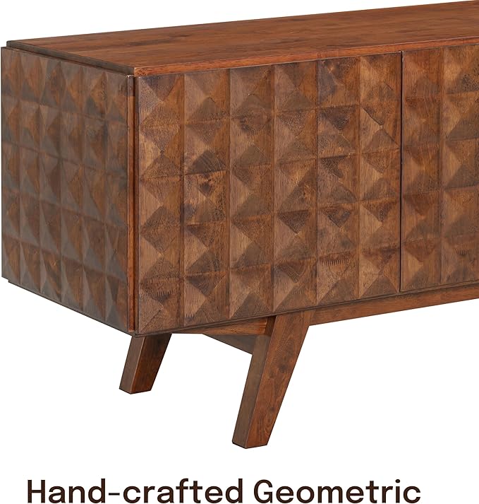 NTC Sapa Mid-Century Modern Solid Wood TV Stand 4-Door Media Console with Carved Geometric Fronts for TVs up to 75", Effortless Assembly, Dark Walnut-Ruum Studio Home