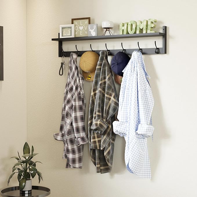 BAMEOS 35 Inch Wall Hooks With Shelf - Entryway Hanging Wood Coat Rack With 7 Dual Hooks for Bathroom, Living Room, Bedroom (Black)-Ruum Studio Home