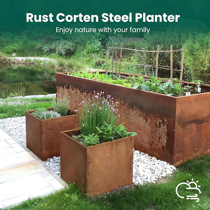 Corten Steel Planter Box Metal Outdoor Large Rectangular Rustic Durable Antique Detached for Commercial Residential Patio Deck and Backyard 17" x 17" x 18"-Ruum Studio Home