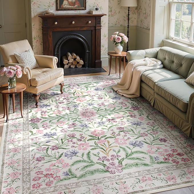 Wonnitar Purple Floral 8x10 Area Rugs, Washable Rug for Living Room, Soft Ultra-Thin Non-Shedding Large Indoor Boho Carpet for Bedroom Nursery Playroom Classroom Decor, Light Purple/Pink-Ruum Studio Home