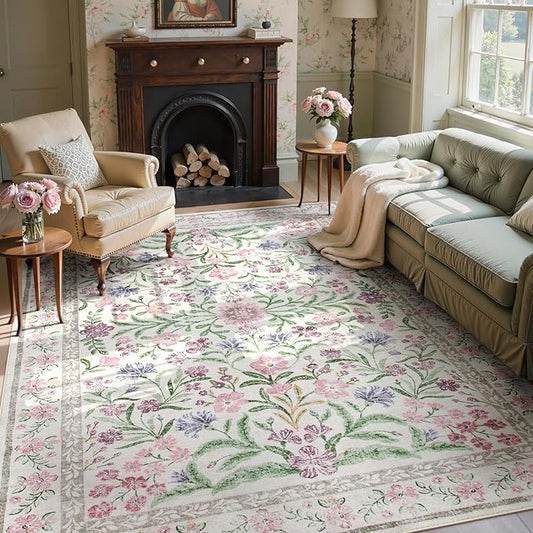 Wonnitar Purple Floral 8x10 Area Rugs, Washable Rug for Living Room, Soft Ultra-Thin Non-Shedding Large Indoor Boho Carpet for Bedroom Nursery Playroom Classroom Decor, Light Purple/Pink-Ruum Studio Home