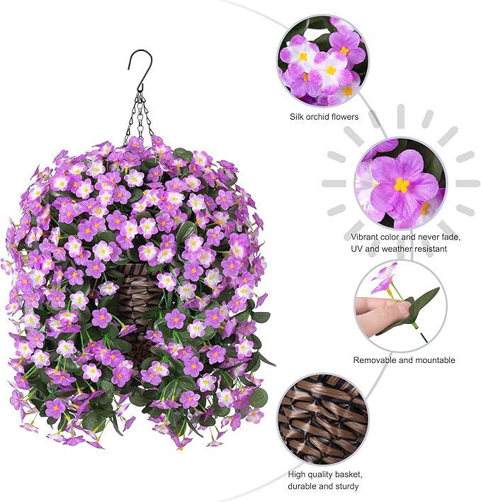 Artificial Fake Hanging Flowers with Basket for Outdoor Decoration,UV Resistant Faux Silk Light Fuchsia and Fuchsia Orchid Flowers Vines in Planter Realistic Hanging Baskets for Home Porch Garden-Ruum Studio Home