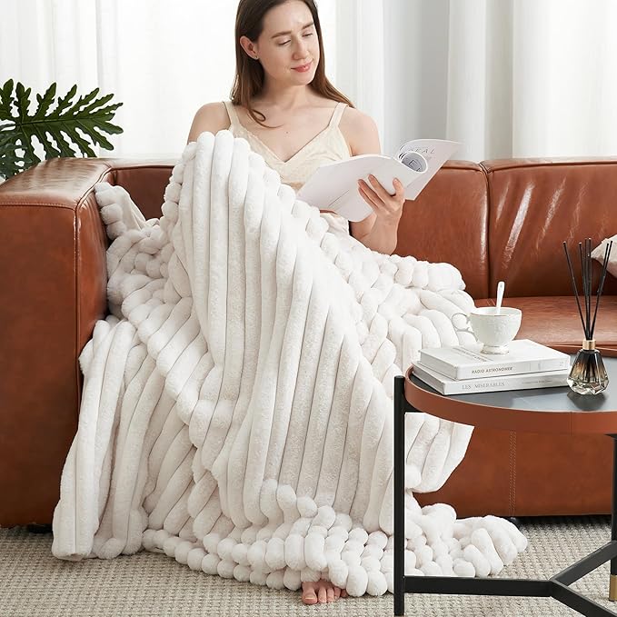 Amélie Home Faux Fur Throw Blanket for Couch, Cozy Fuzzy Fluffy Fur Luxurious Soft Striped Plush Gift Blankets for Family Sofa Chair Bed Living Room Bedroom, 55"x70", Ivory-Ruum Studio Home