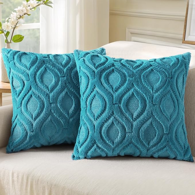 decorUhome Fall Throw Pillow Covers 16x16 Inch Set of 2, Soft Plush Decorative Faux Fur Teal Solid Couch Pillow Covers, Accent Farmhouse Neutral Square Euro Pillow Cases for Sofa Bed Living Room-Ruum Studio Home