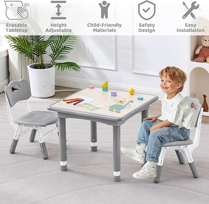 Kids Table and 2 Chairs Set, Height Adjustable (17.7"-26.1") Toddler Table and Chair Set, Multi-Activity Table with Graffiti Desktop, Children’s Table and Chairs for Classroom, Home & Daycare-Ruum Studio Home